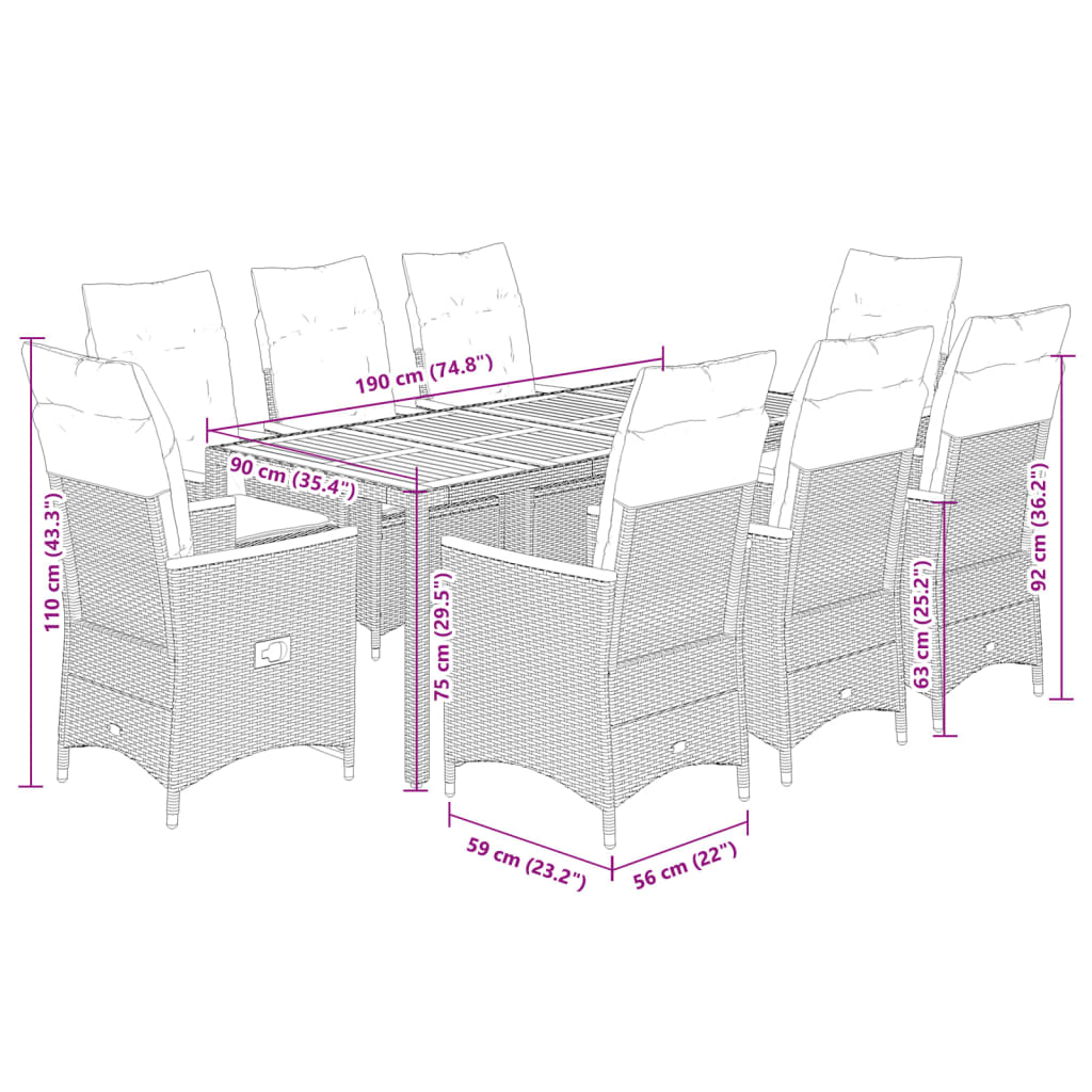 9 részes szürke polyrattan kerti étkezőgarnitúra párnával