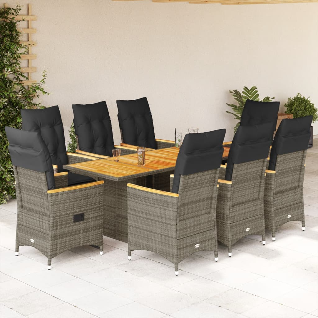 9 részes szürke polyrattan kerti étkezőgarnitúra párnával
