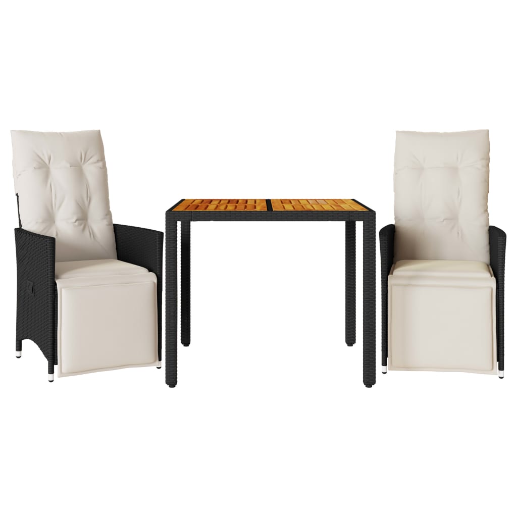 3 részes fekete polyrattan bisztrógarnitúra párnával
