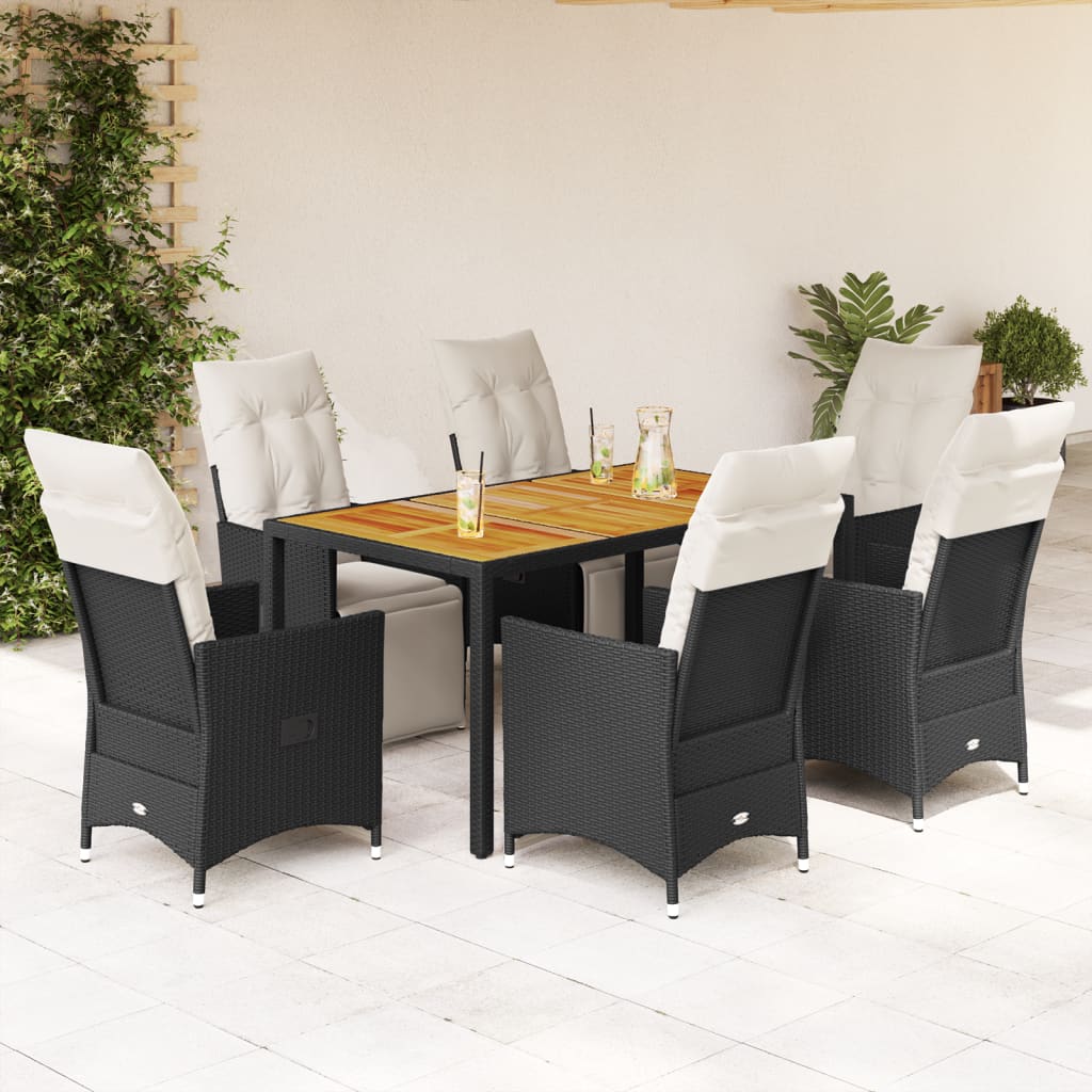 7 részes fekete polyrattan kerti étkezőgarnitúra párnával