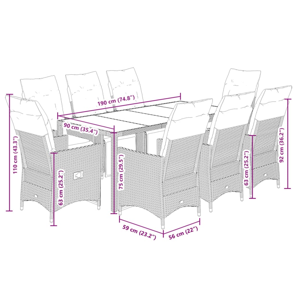 9 részes fekete polyrattan kerti étkezőgarnitúra párnákkal