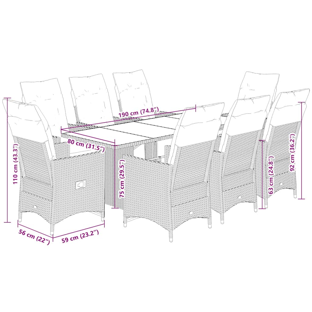 9 részes fekete polyrattan kerti étkezőgarnitúra párnákkal