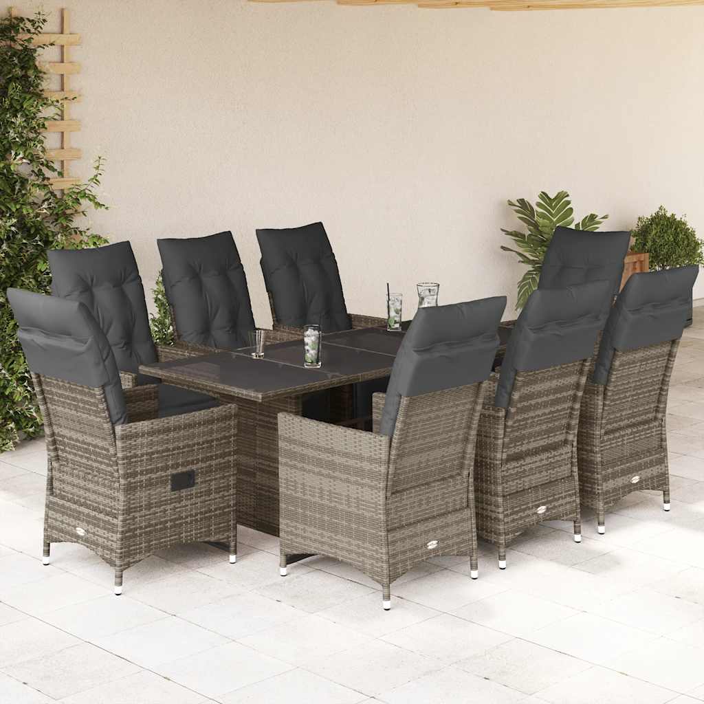 9 részes szürke polyrattan kerti bisztrógarnitúra párnákkal