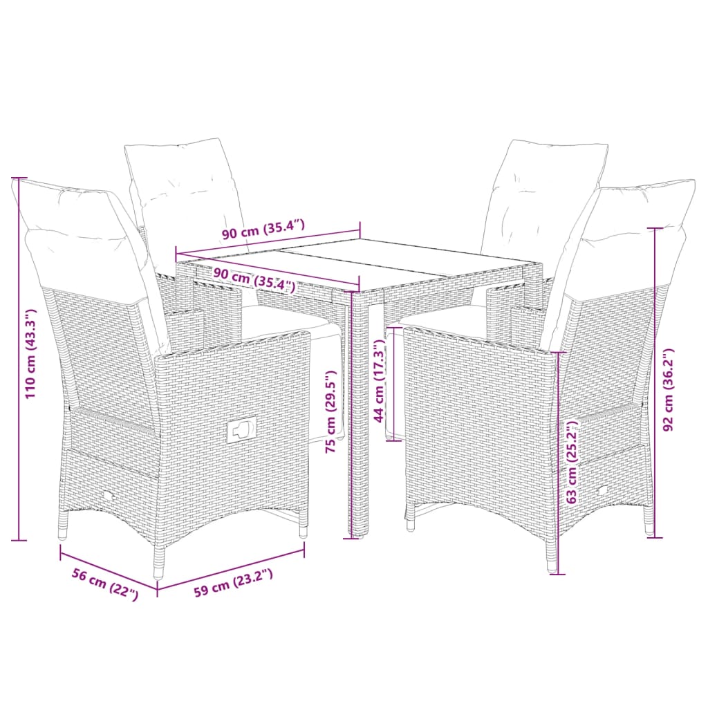 5 részes barna polyrattan kerti bisztrógarnitúra párnákkal