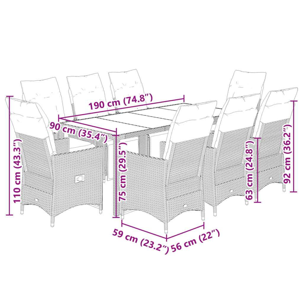 9 részes barna polyrattan kerti bisztrógarnitúra párnákkal