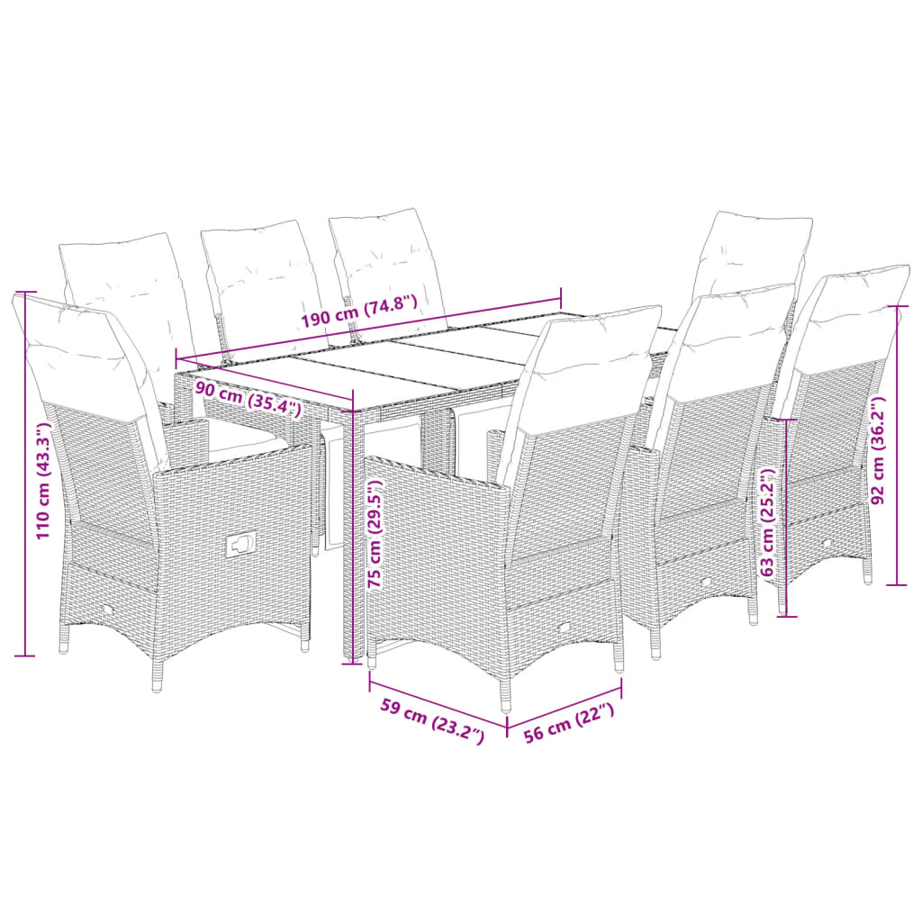 9 részes bézs polyrattan kerti bisztrógarnitúra párnákkal