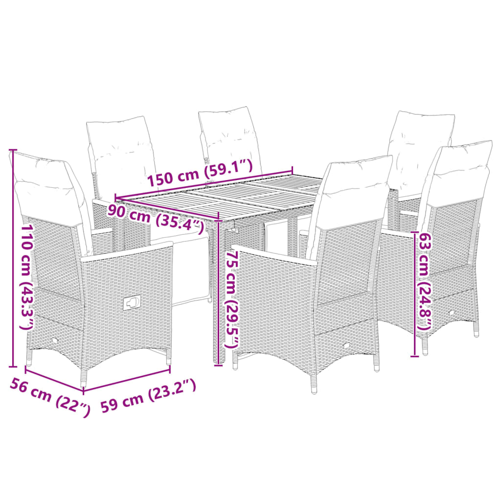 7 részes fekete polyrattan kerti bisztrógarnitúra párnákkal