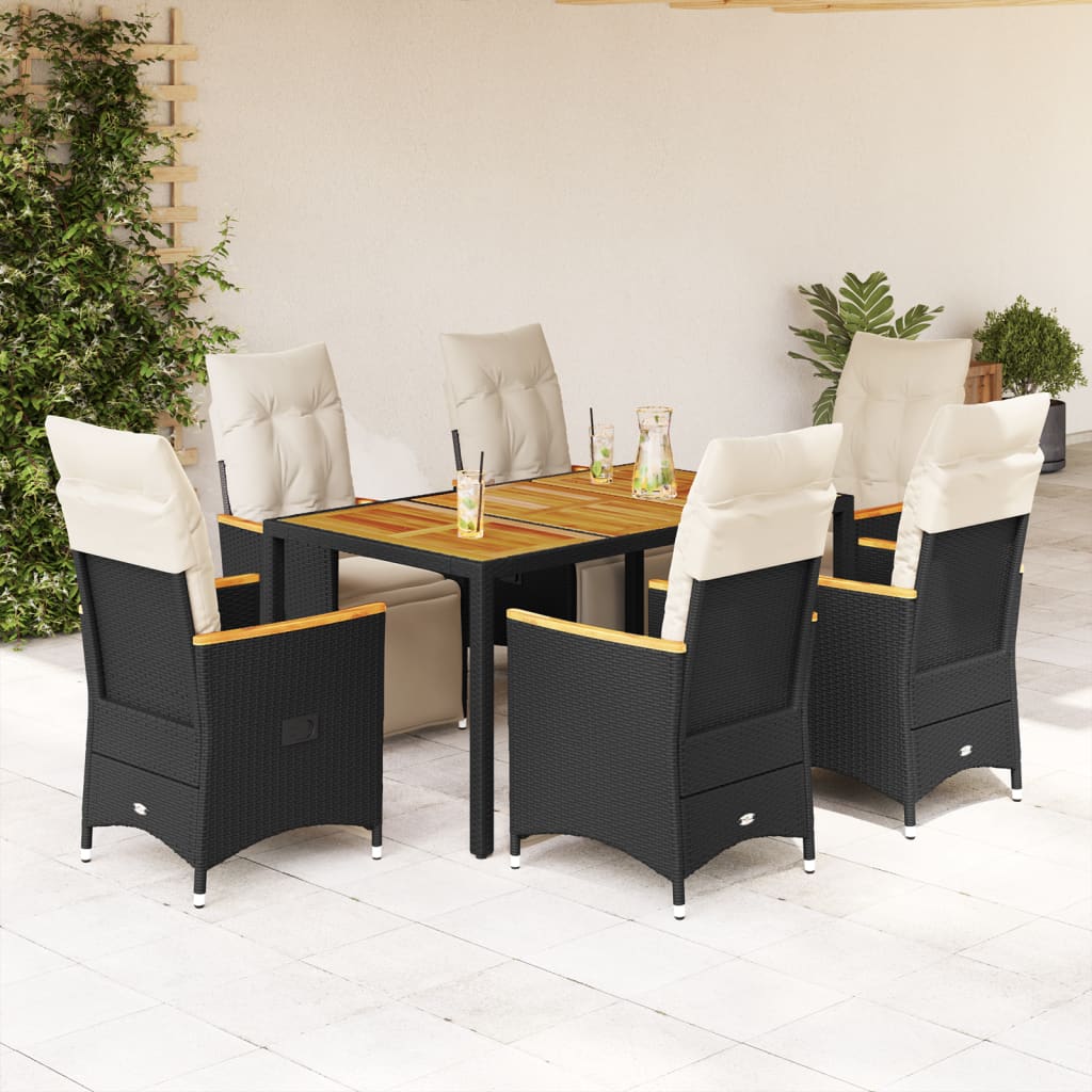 7 részes fekete polyrattan kerti bisztrógarnitúra párnákkal