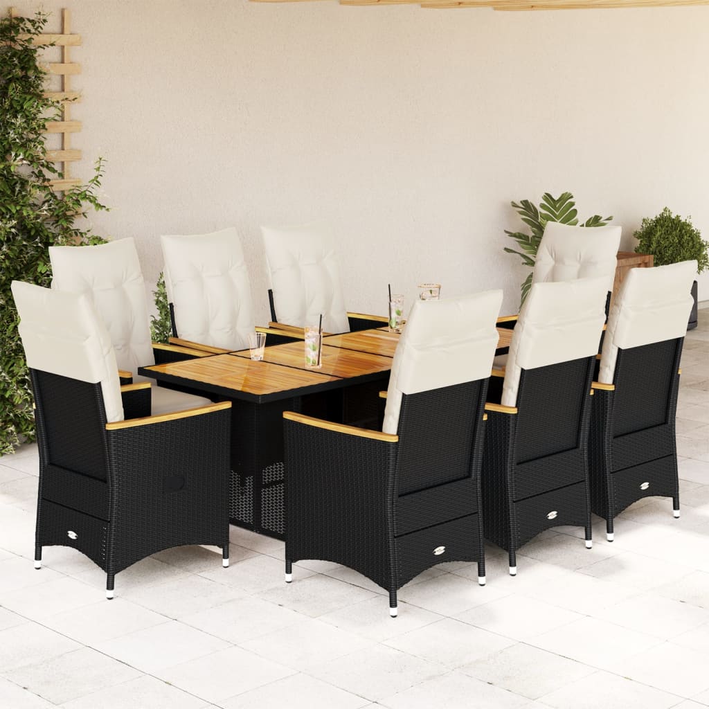 9 részes fekete polyrattan kerti bisztrógarnitúra párnákkal