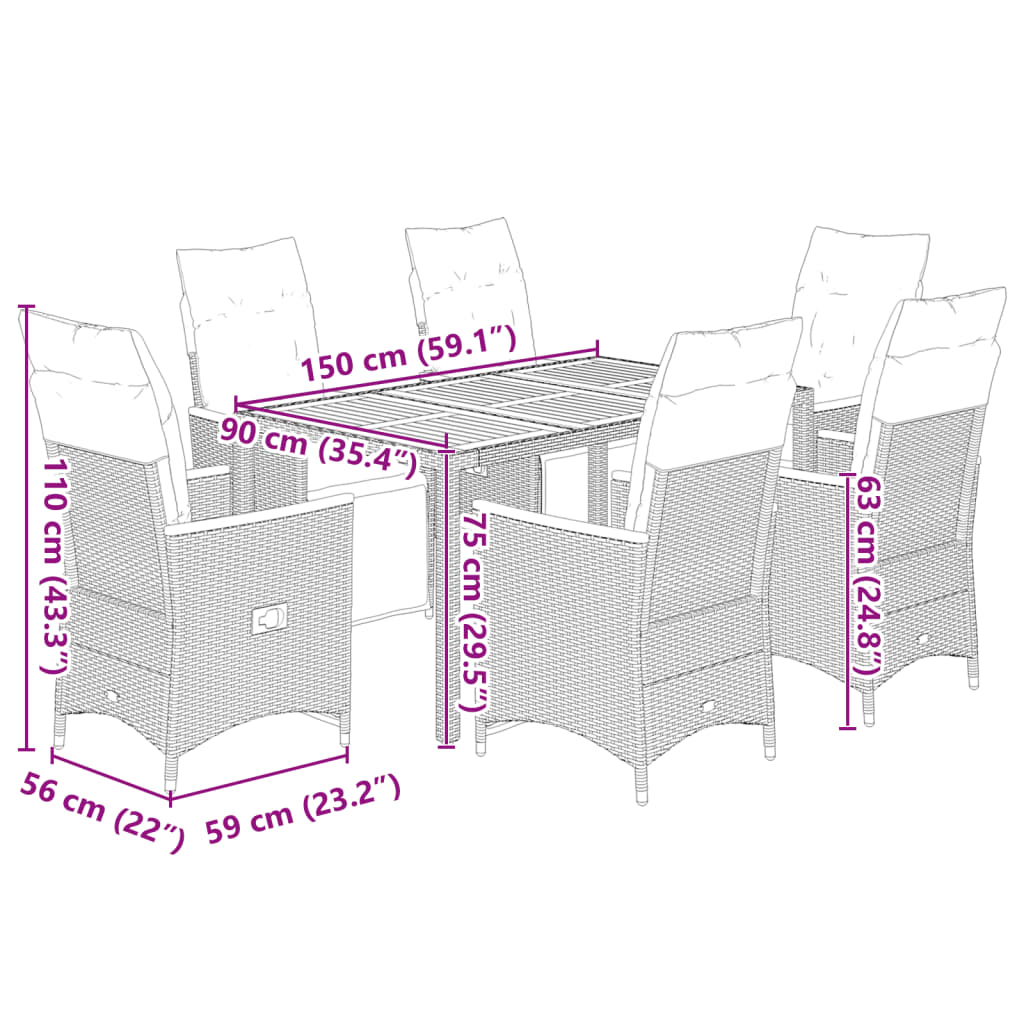 7 részes szürke polyrattan kerti bisztrógarnitúra párnákkal