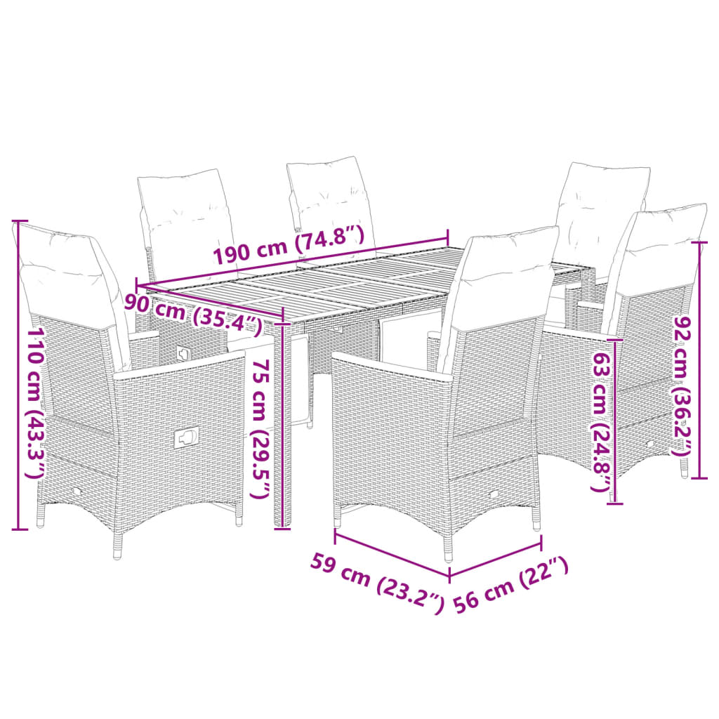 7 részes szürke polyrattan kerti bisztrógarnitúra párnákkal