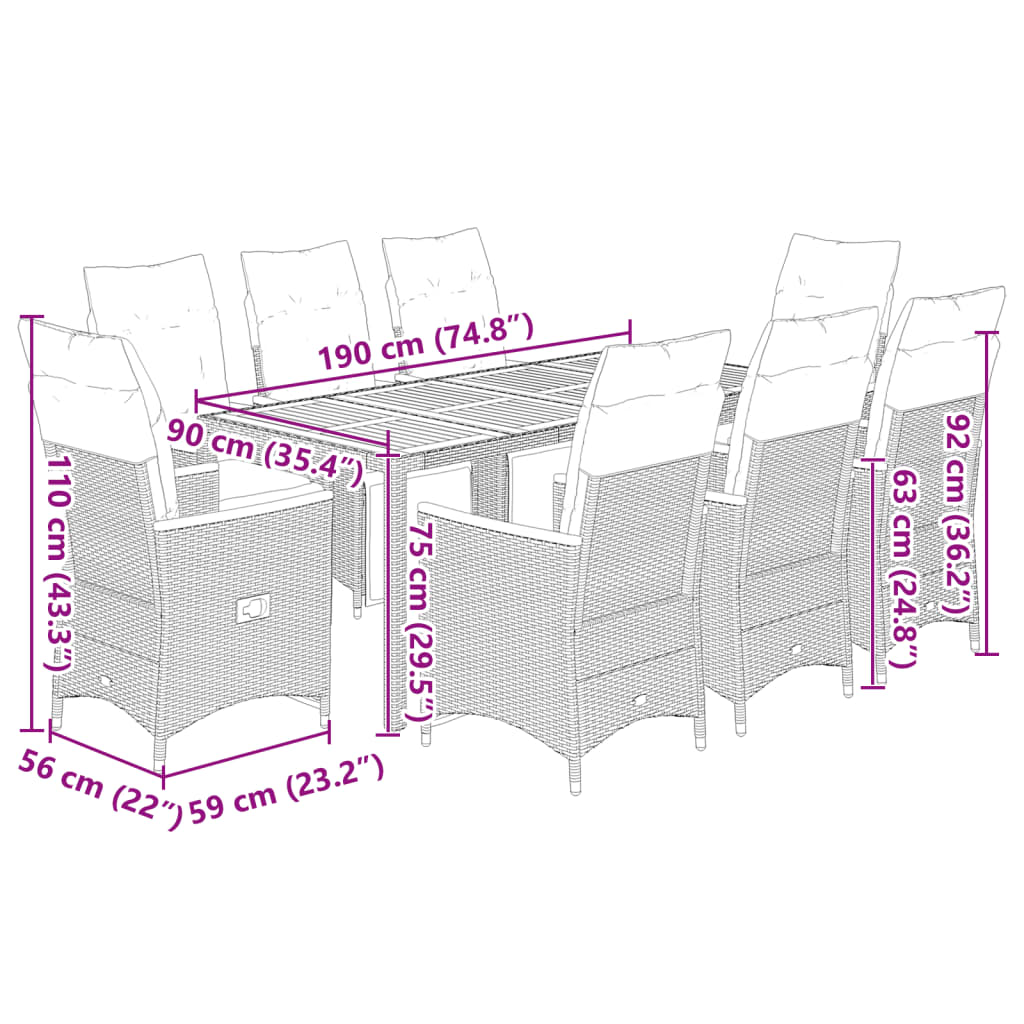 9 részes szürke polyrattan kerti bisztrógarnitúra párnákkal