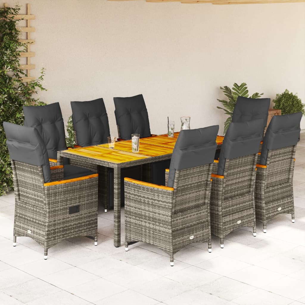 9 részes szürke polyrattan kerti bisztrógarnitúra párnákkal