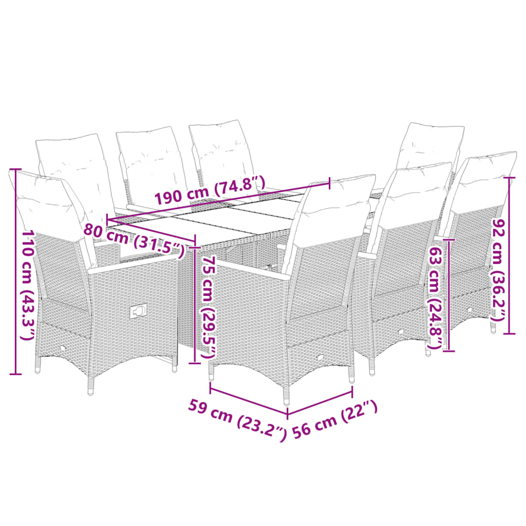 9 részes szürke polyrattan kerti bisztrógarnitúra párnákkal