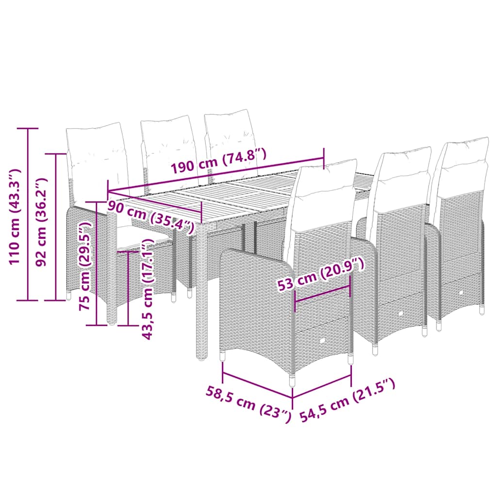 7 részes fekete polyrattan kerti bisztrógarnitúra párnákkal