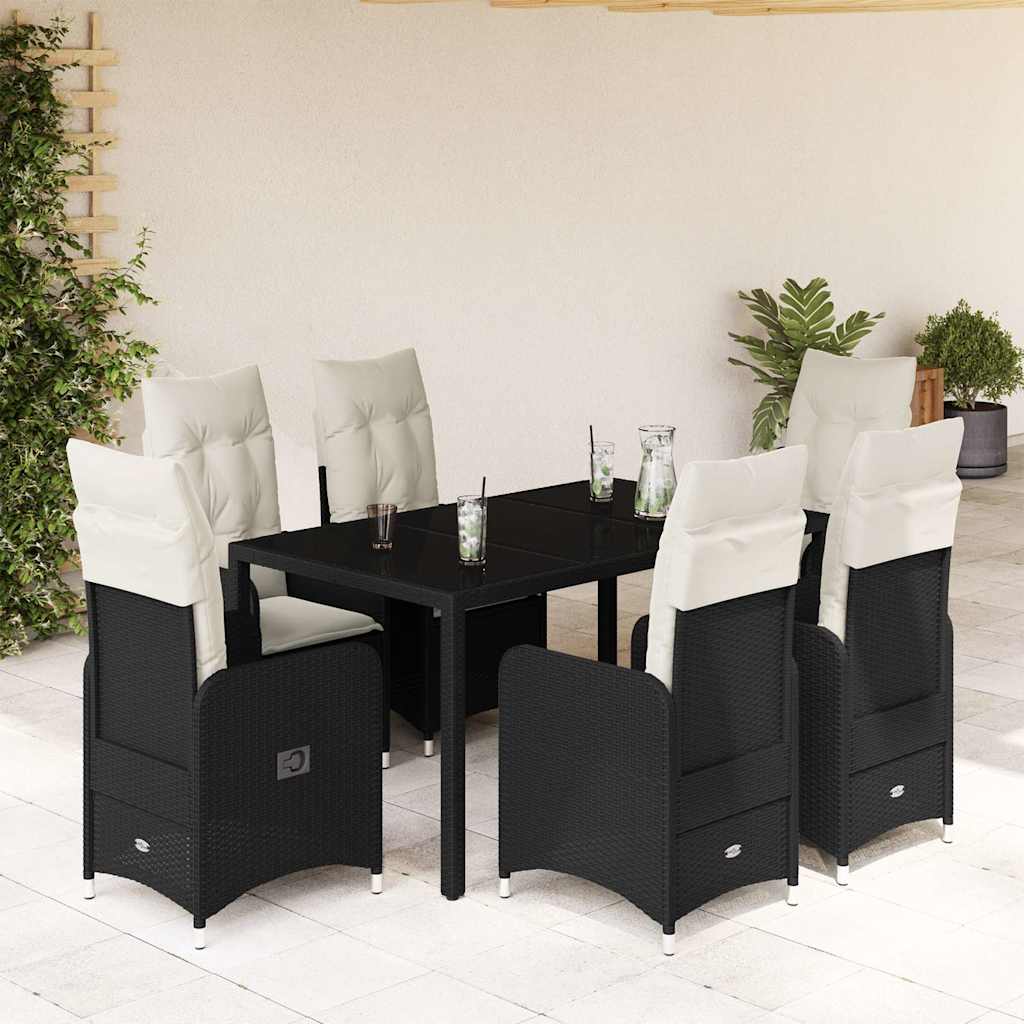 7 részes fekete polyrattan kerti bisztrógarnitúra párnákkal