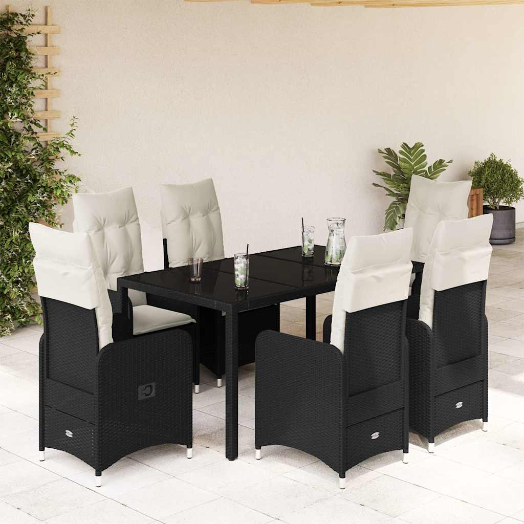 7 részes fekete polyrattan kerti bisztrógarnitúra párnákkal