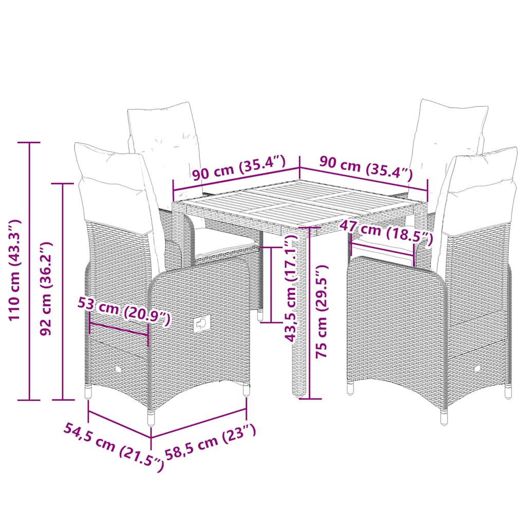 5 részes szürke polyrattan kerti bisztrógarnitúra párnákkal