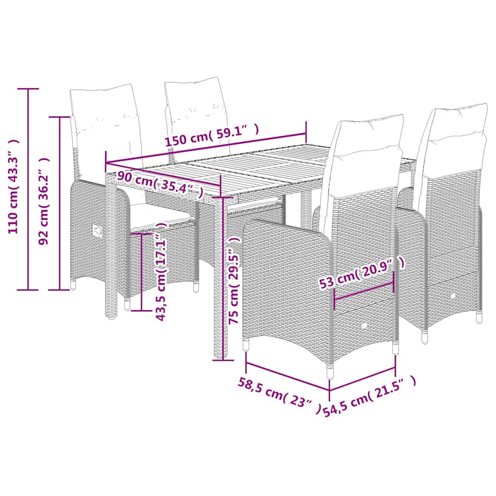5 részes szürke polyrattan kerti bisztrógarnitúra párnákkal