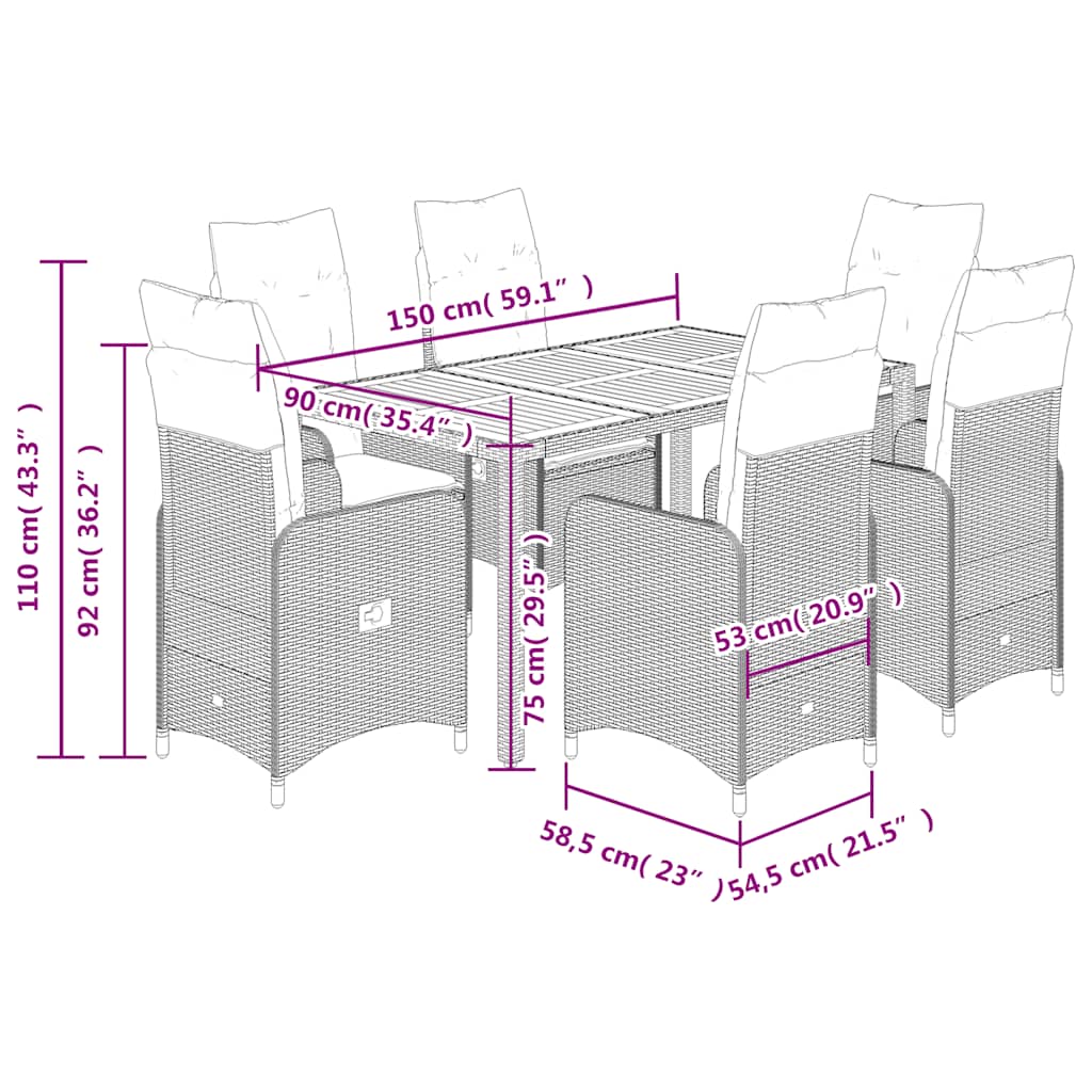 7 részes szürke polyrattan kerti bisztrógarnitúra párnákkal