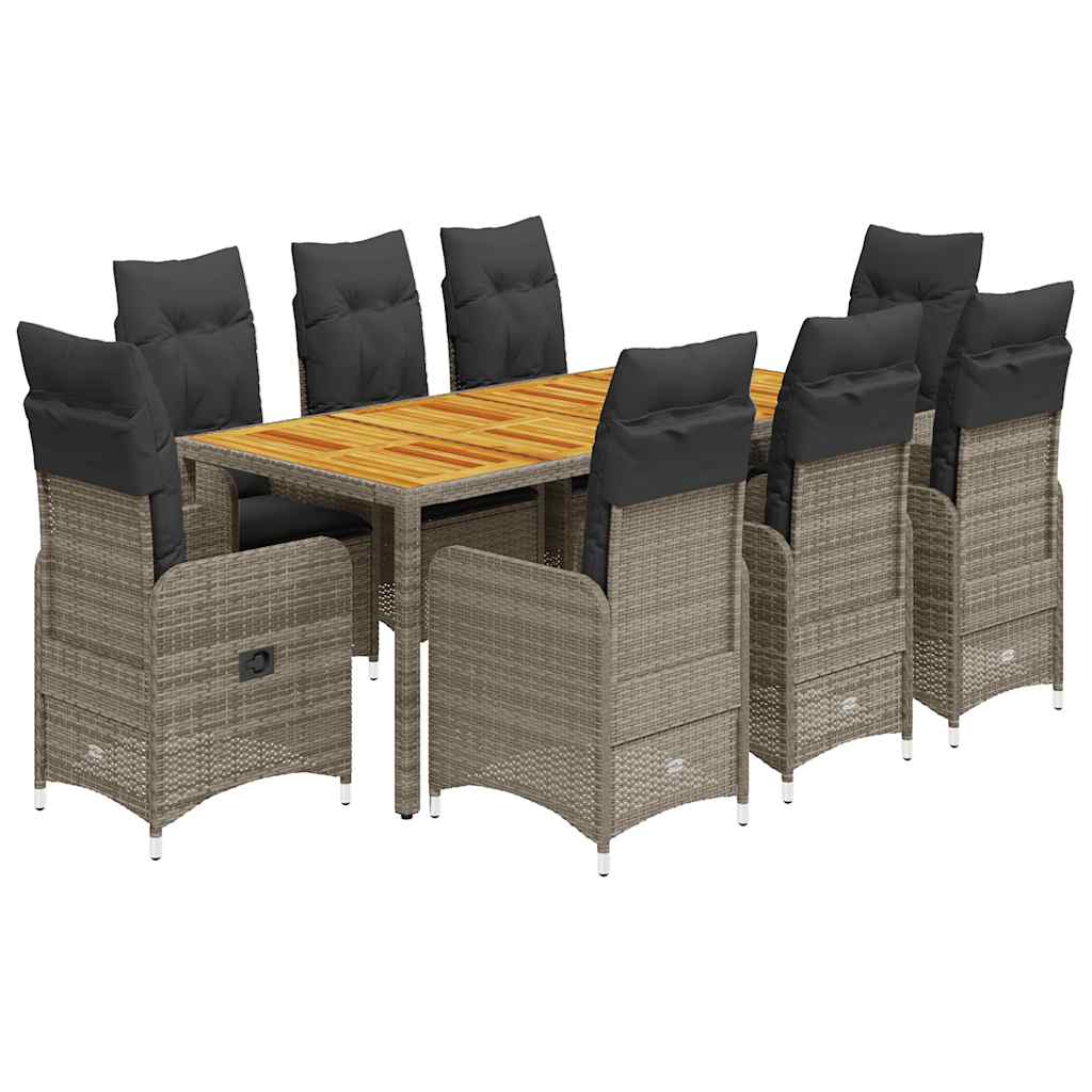9 részes szürke polyrattan kerti bisztrógarnitúra párnákkal