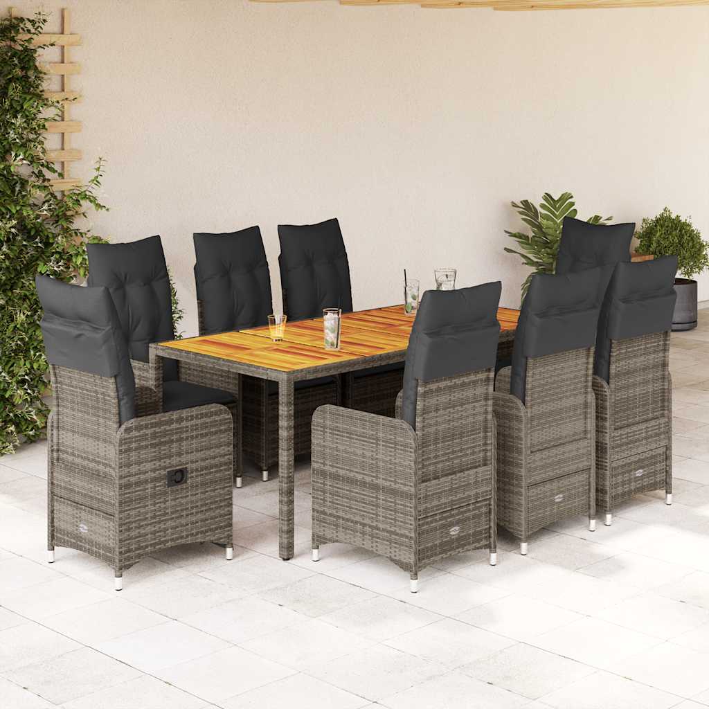 9 részes szürke polyrattan kerti bisztrógarnitúra párnákkal