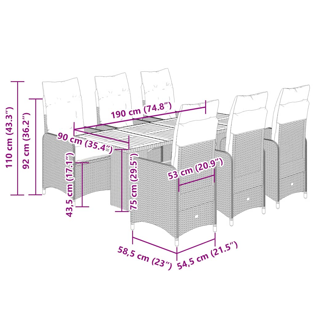 7 részes szürke polyrattan kerti bisztrógarnitúra párnákkal