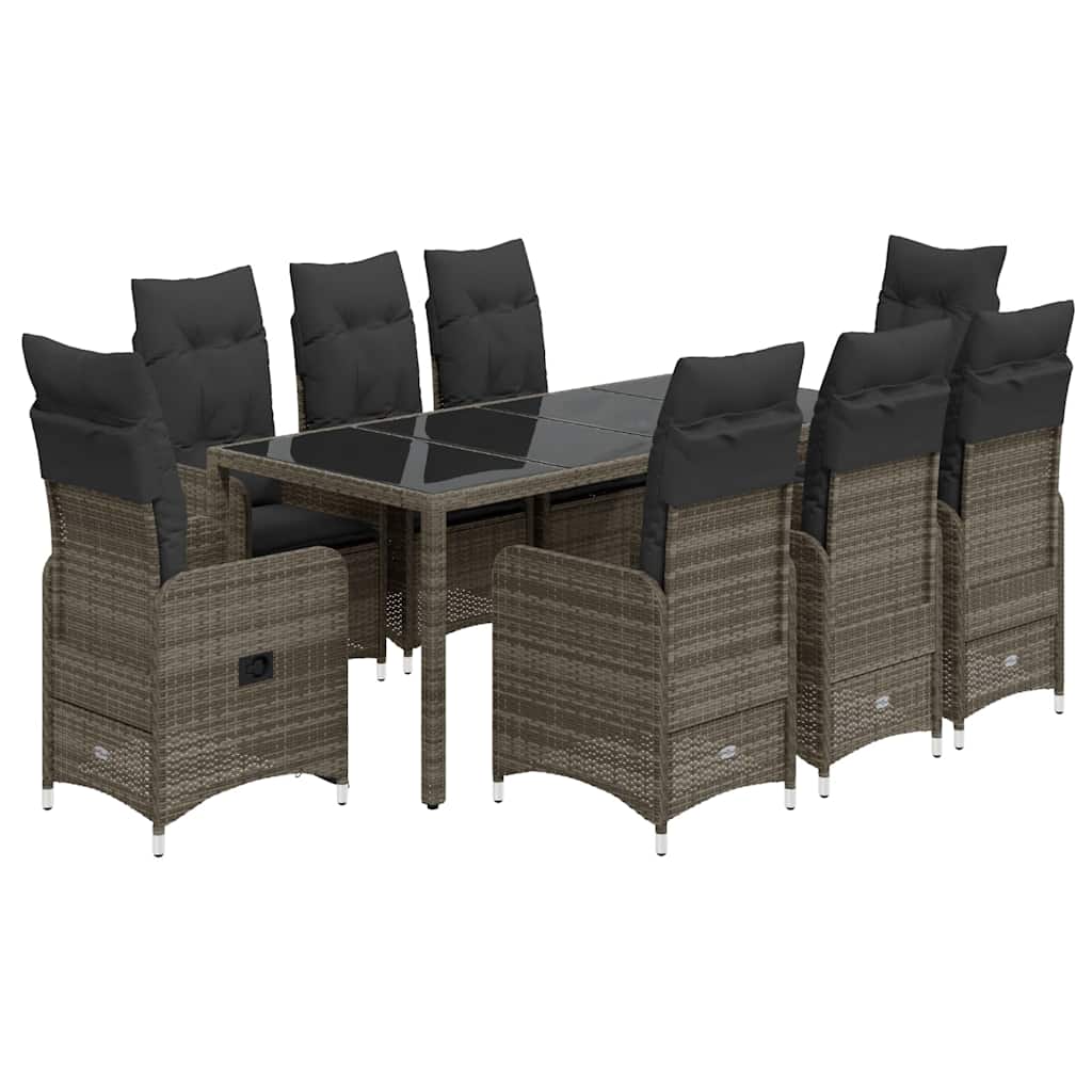 9 részes szürke polyrattan kerti bisztrógarnitúra párnákkal
