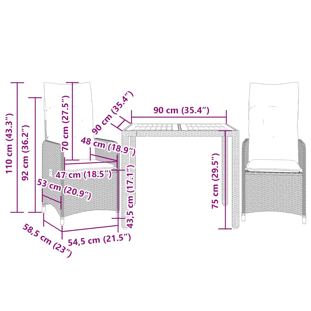 3 részes bézs polyrattan kerti bisztrógarnitúra párnákkal