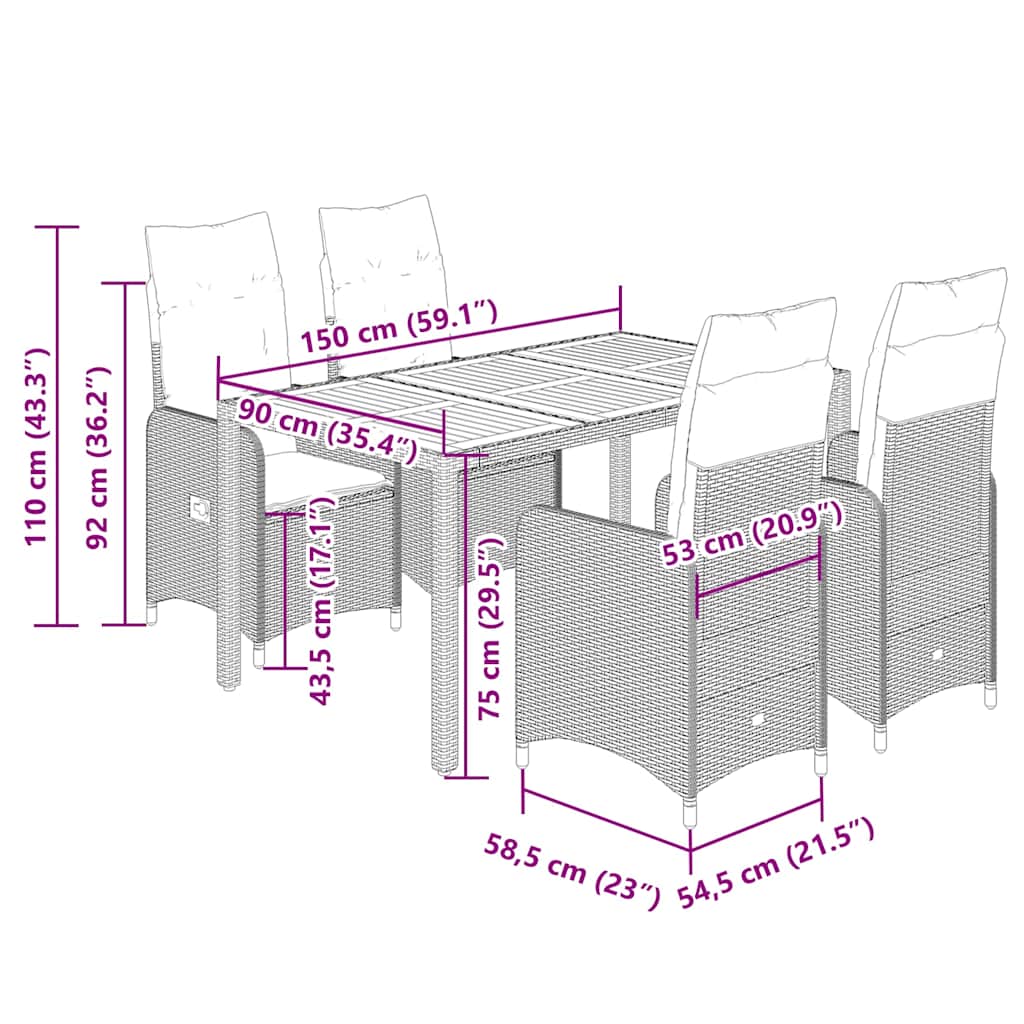 5 részes bézs polyrattan kerti bisztrógarnitúra párnákkal