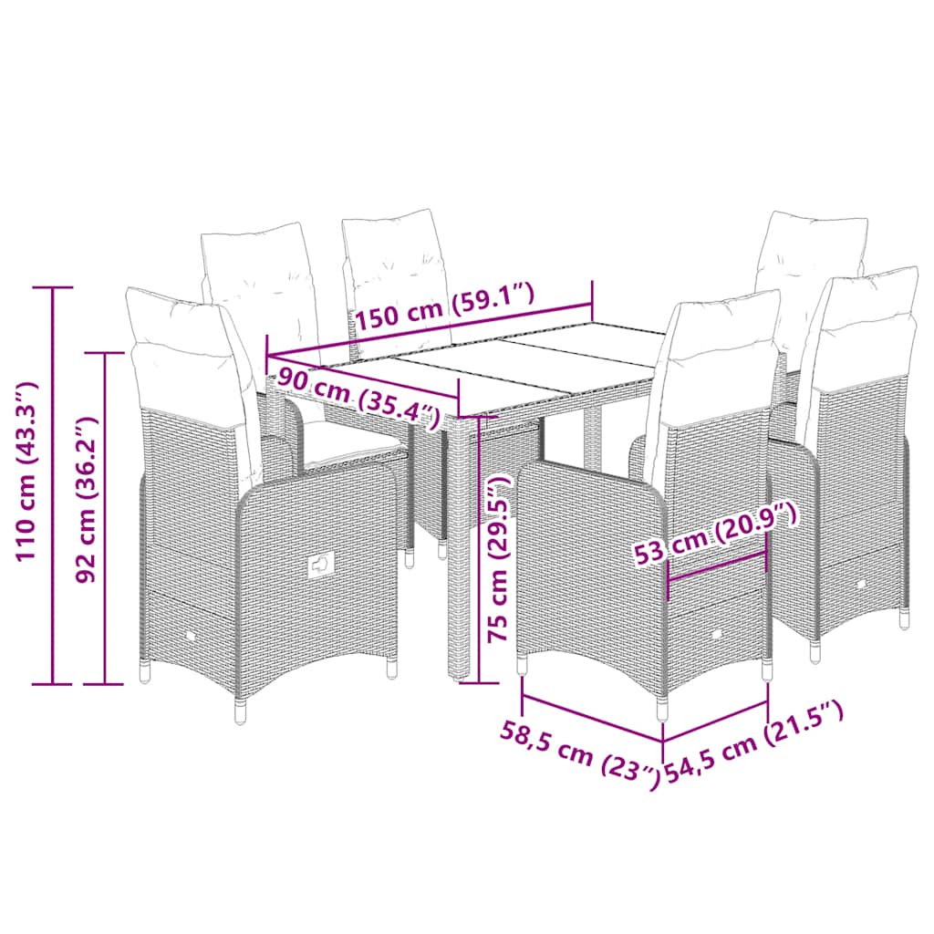 7 részes bézs polyrattan kerti bisztrógarnitúra párnákkal