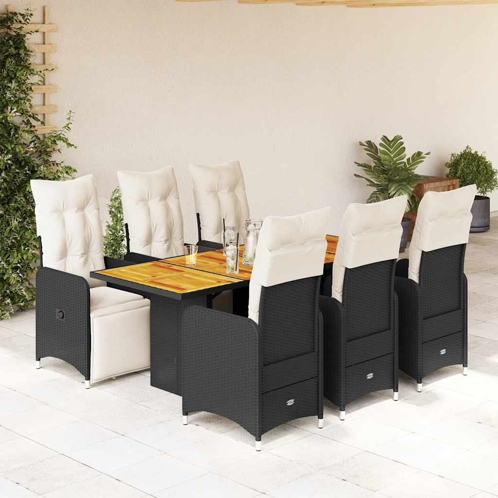 7 részes fekete polyrattan kerti bisztrógarnitúra párnákkal