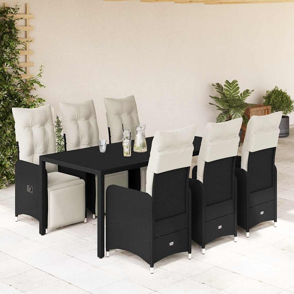 7 részes fekete polyrattan kerti bisztrógarnitúra párnákkal