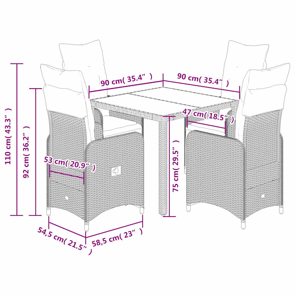 5 részes barna polyrattan kerti bisztrógarnitúra párnákkal