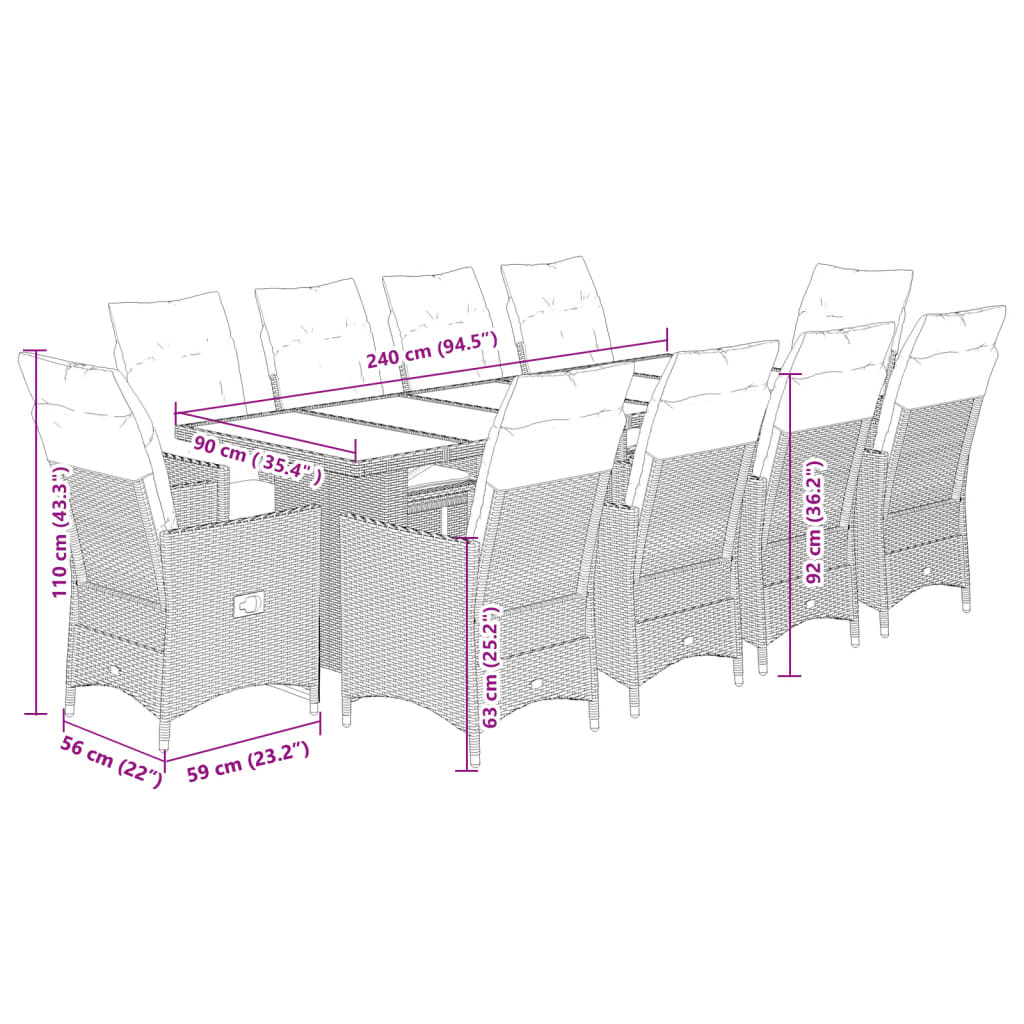 11 részes szürke polyrattan kerti bisztrógarnitúra párnákkal