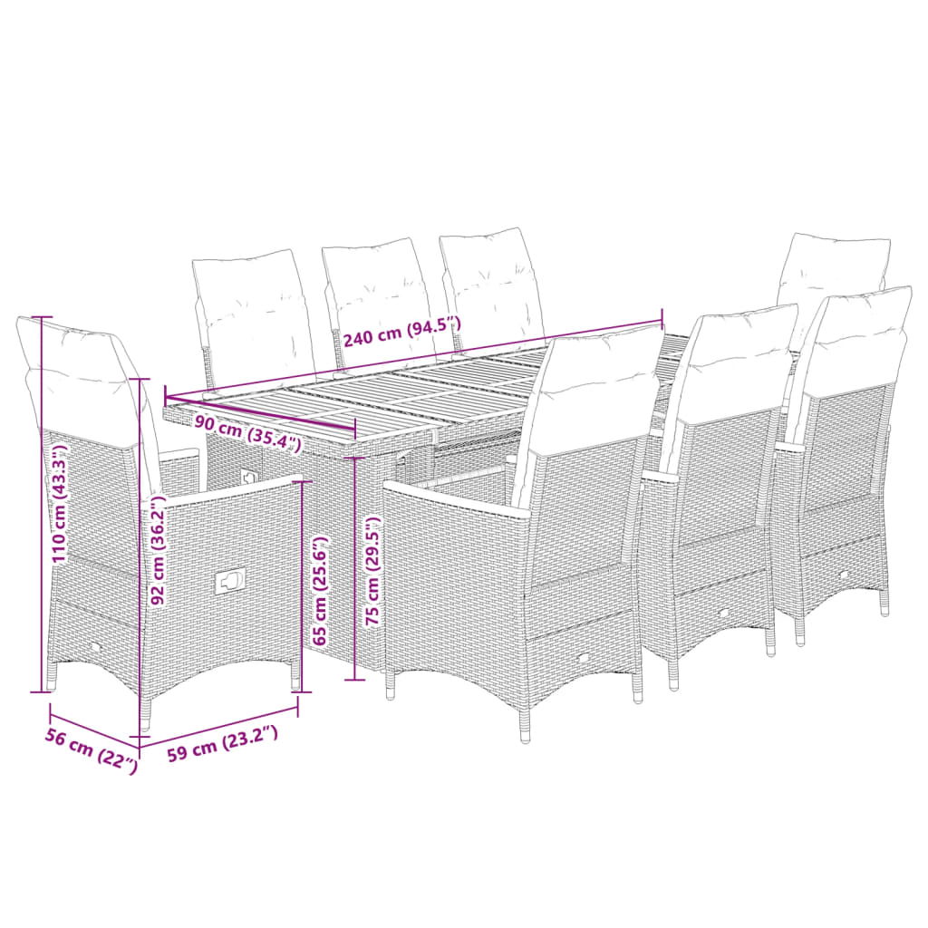 9 részes szürke polyrattan kerti bisztrógarnitúra párnákkal