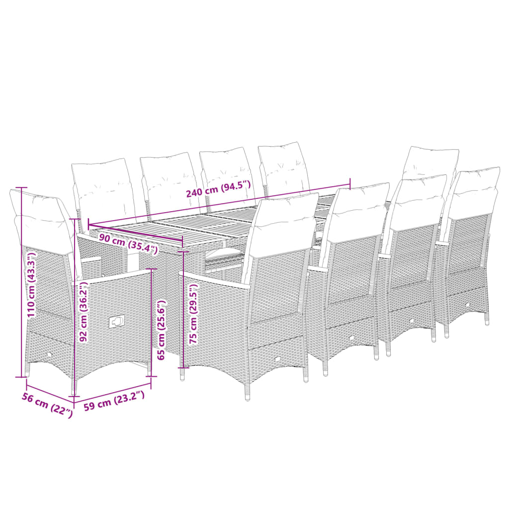11 részes szürke polyrattan kerti bisztrógarnitúra párnákkal