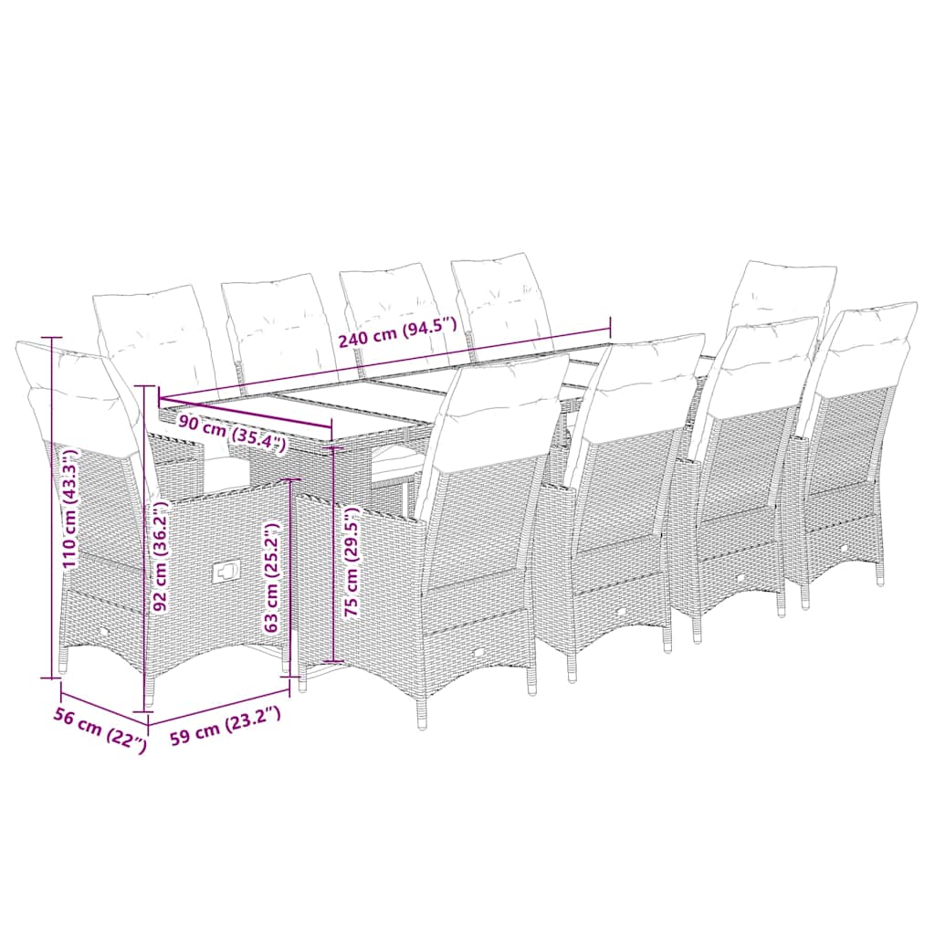 11 részes fekete polyrattan kerti bisztrógarnitúra párnákkal