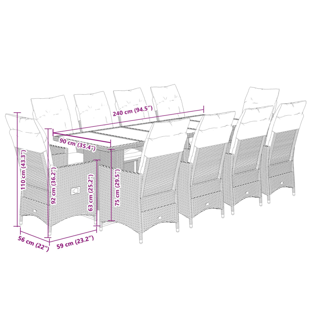 11 részes bézs polyrattan kerti bisztrógarnitúra párnákkal