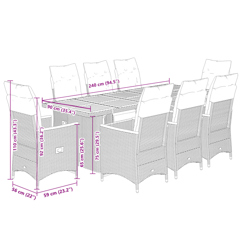 9 részes szürke polyrattan kerti bisztrógarnitúra párnákkal