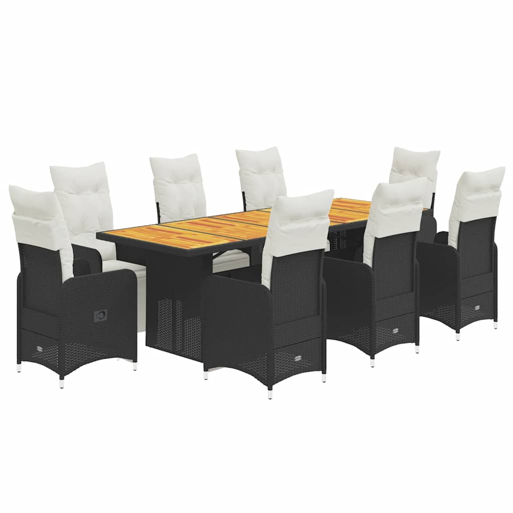 9 részes fekete polyrattan kerti bisztrógarnitúra párnákkal