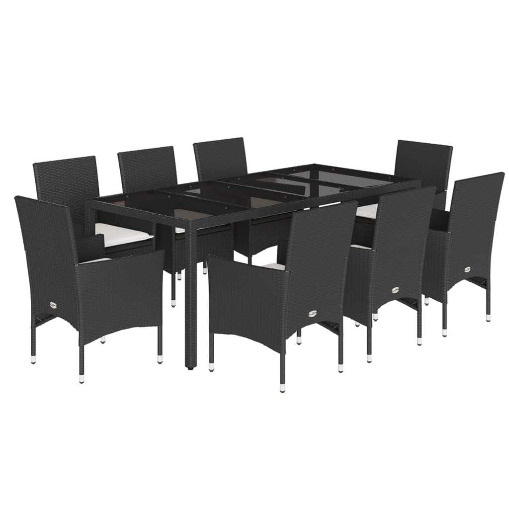 9 részes fekete polyrattan/üveg kerti étkezőgarnitúra párnákkal