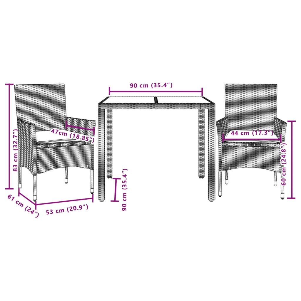 3 részes szürke polyrattan/üveg kerti étkezőgarnitúra párnával