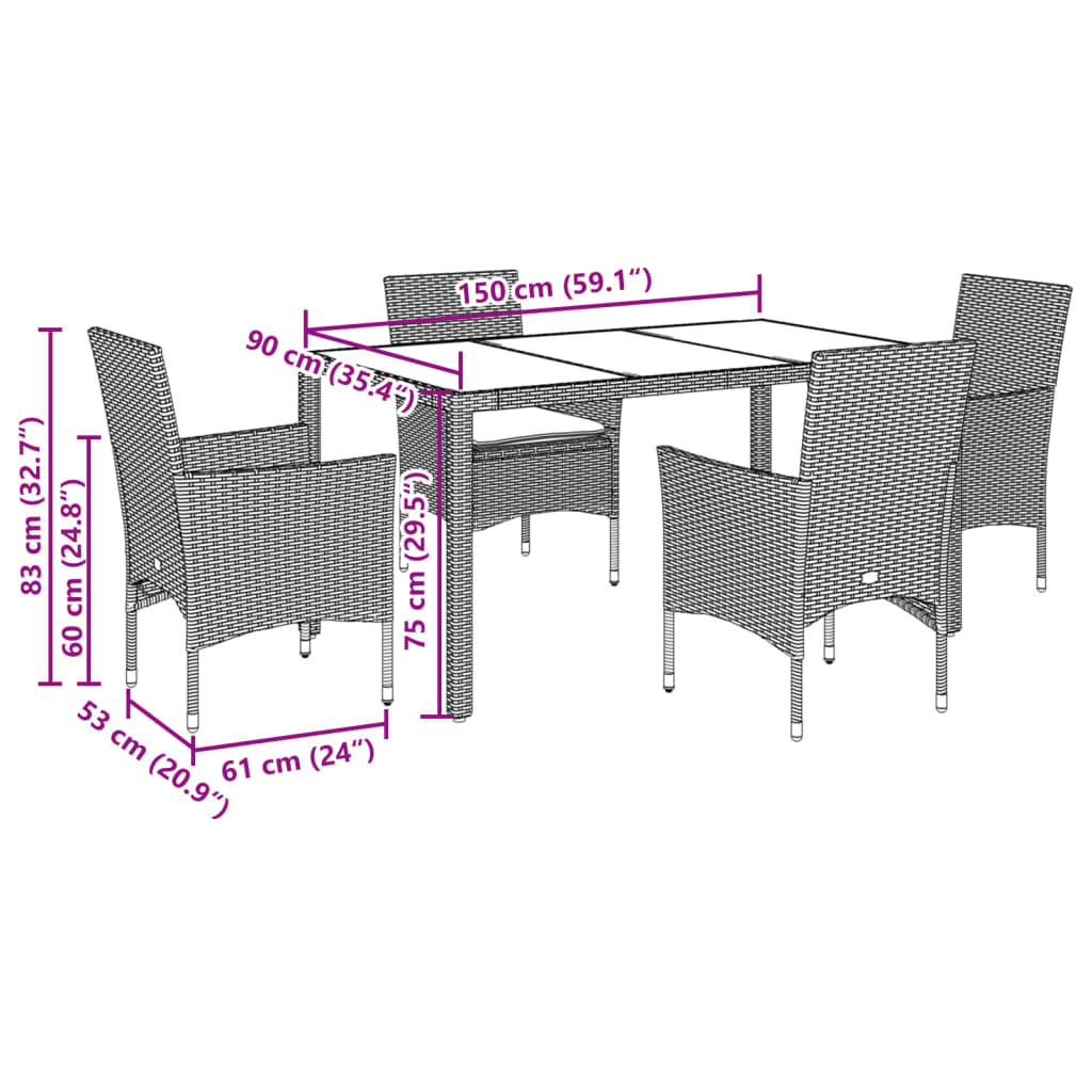 5 részes szürke polyrattan/üveg kerti étkezőgarnitúra párnával