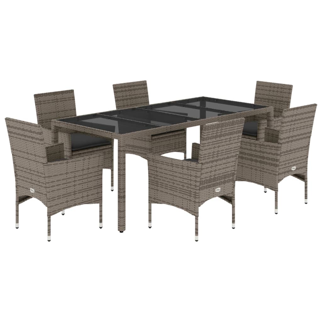 7 részes szürke polyrattan/üveg kerti étkezőgarnitúra párnával