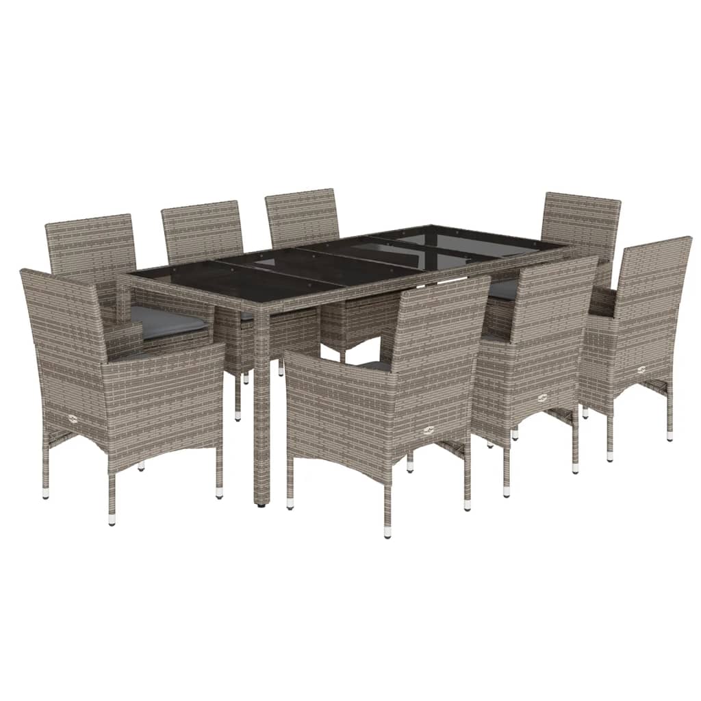 9 részes szürke polyrattan/üveg kerti étkezőgarnitúra párnával