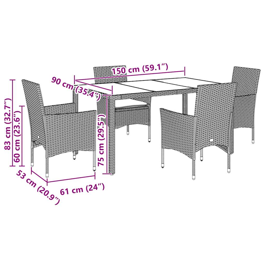 5 részes szürke polyrattan/üveg kerti étkezőgarnitúra párnával