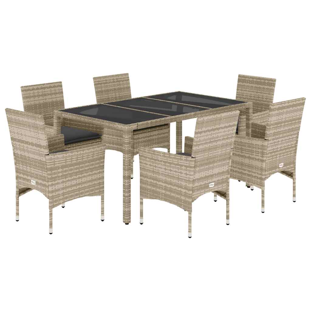 7 részes szürke polyrattan/üveg kerti étkezőgarnitúra párnákkal