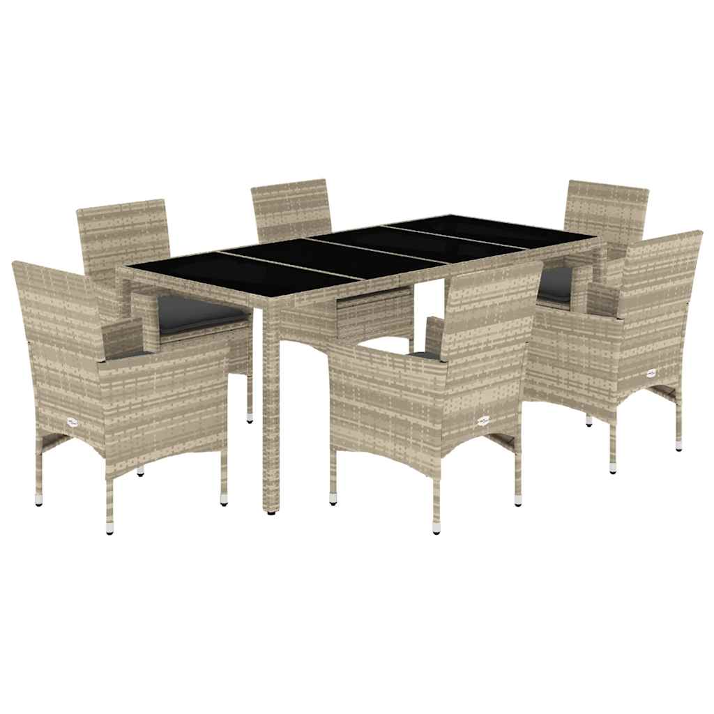 7 részes szürke polyrattan/üveg kerti étkezőgarnitúra párnákkal