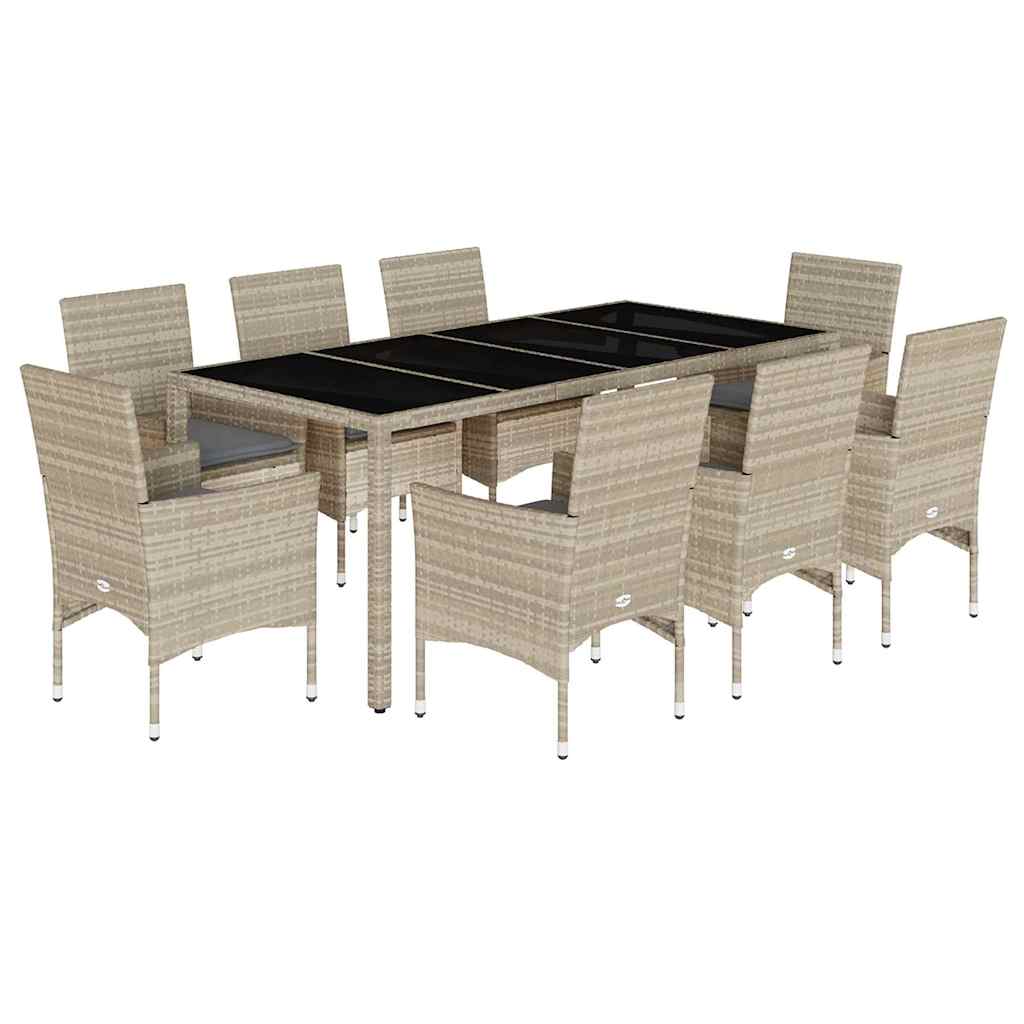 9 részes szürke polyrattan/üveg kerti étkezőgarnitúra párnákkal